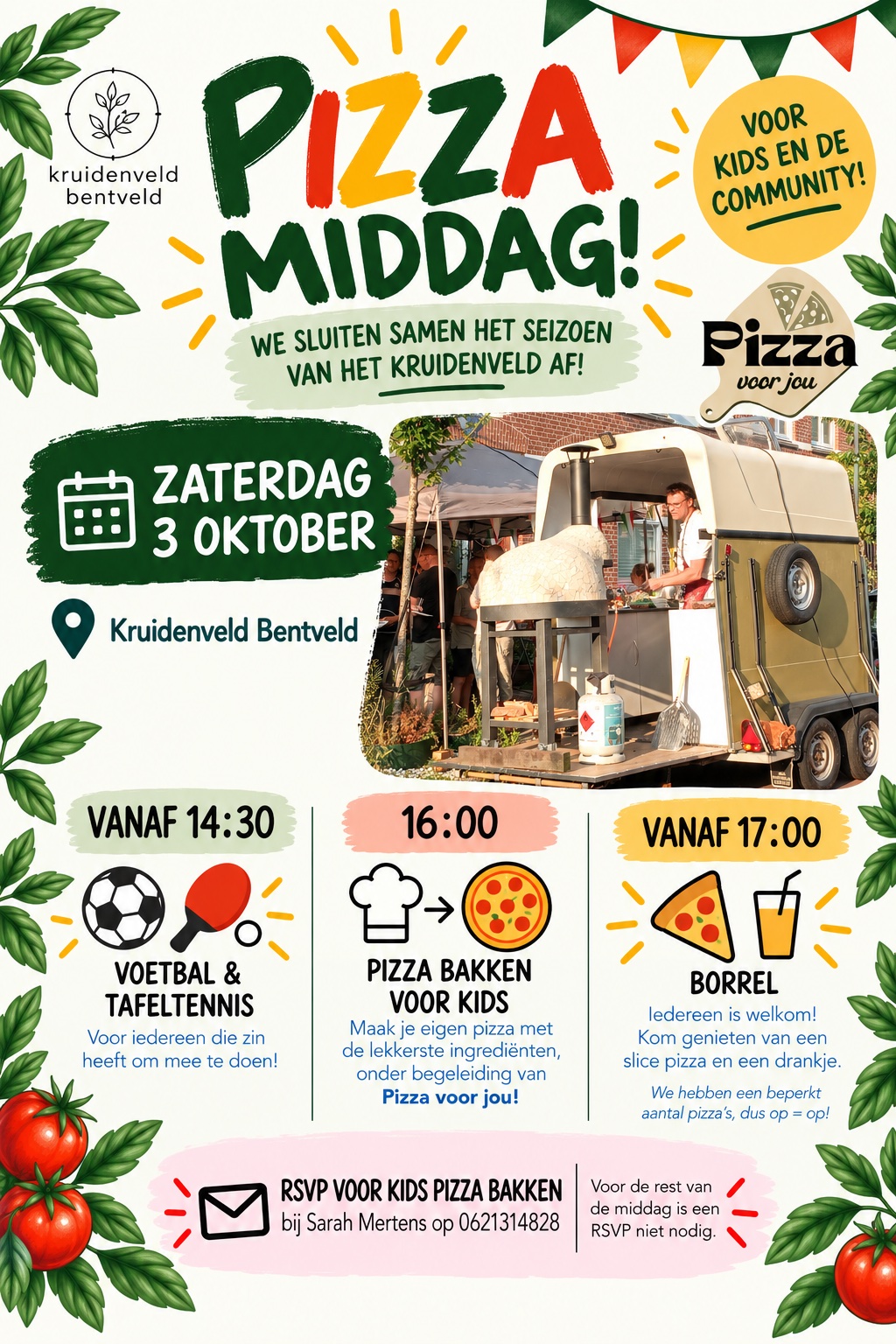 Flyer van de pizza-middag op het Kruidenveld in Bentveld op zaterdag 3 oktober, met voetbal en tafeltennis, pizza bakken voor kids en een borrel